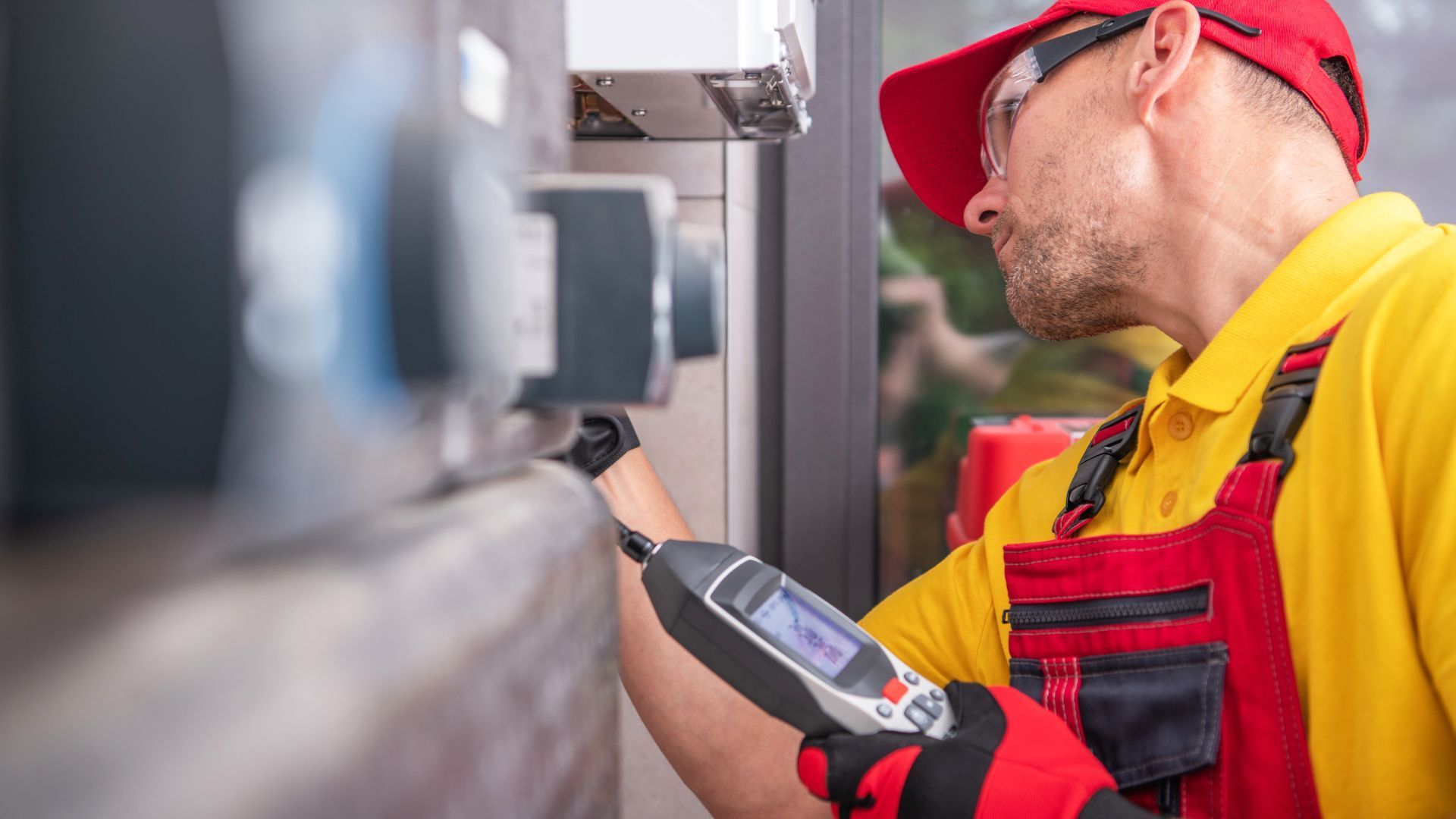 A man in a yellow shirt and red hat is working on a machine.