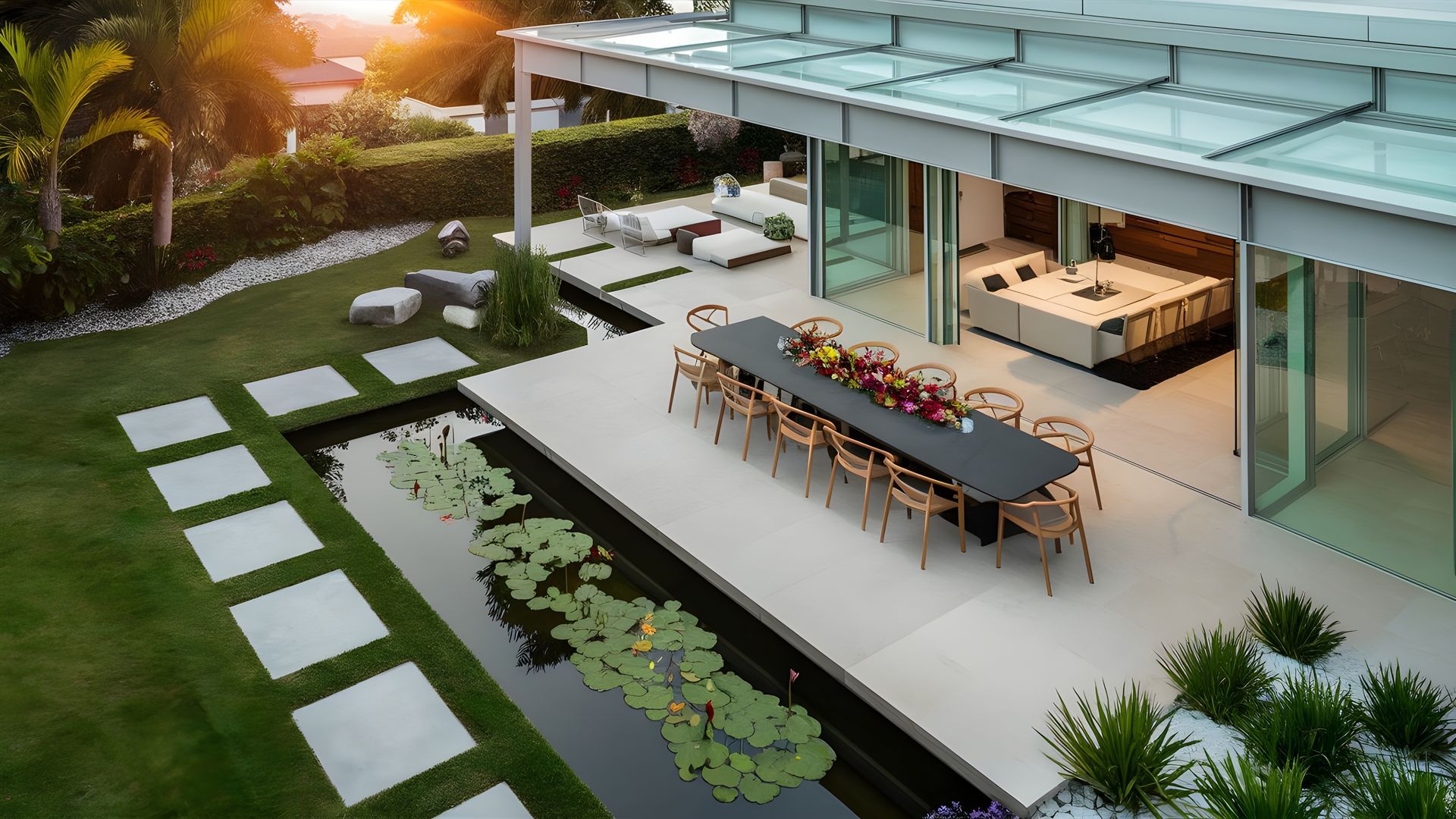 Luxury home exterior with a patio.