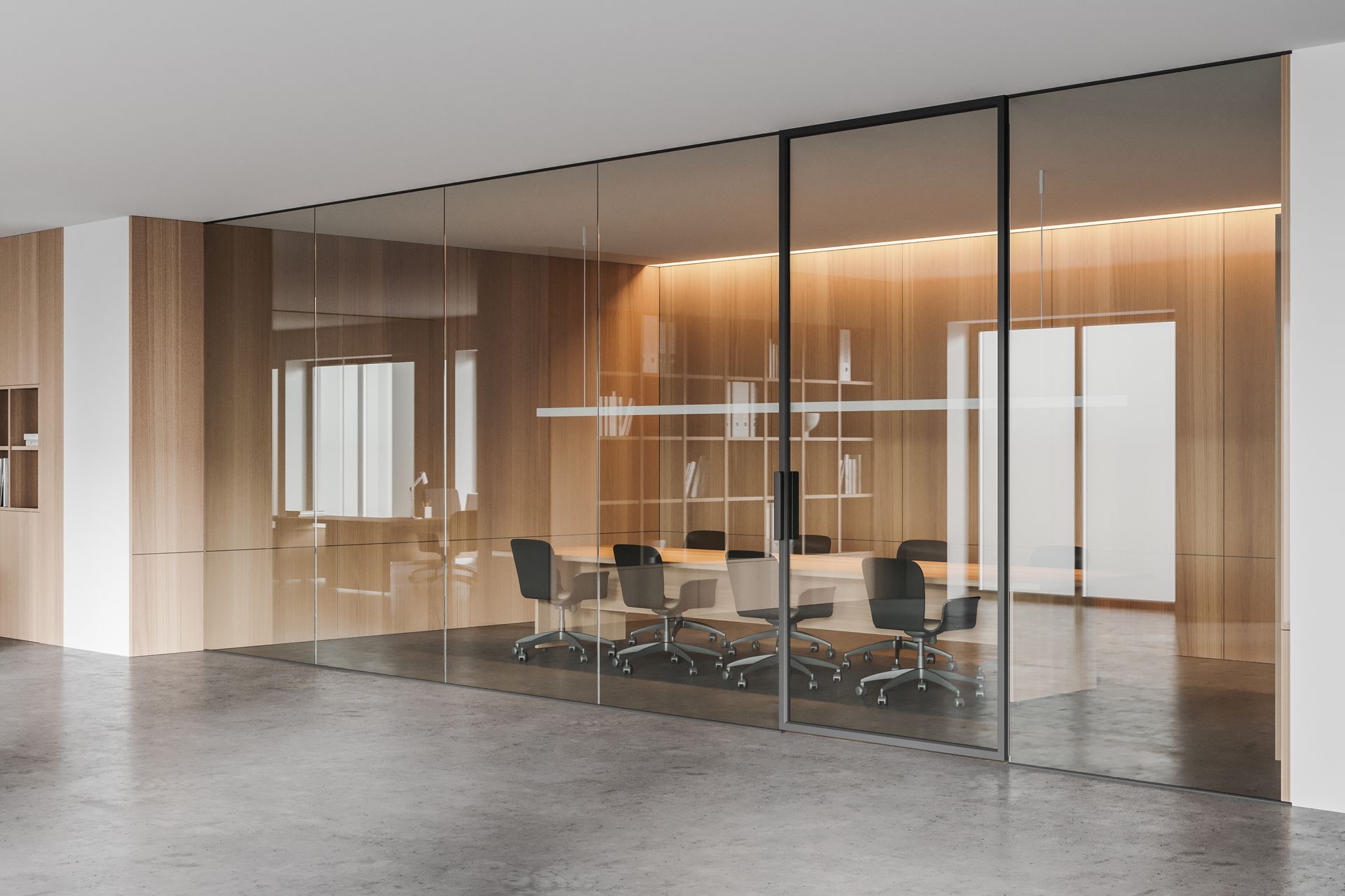 Modern office conference room with glass walls and wood paneling.