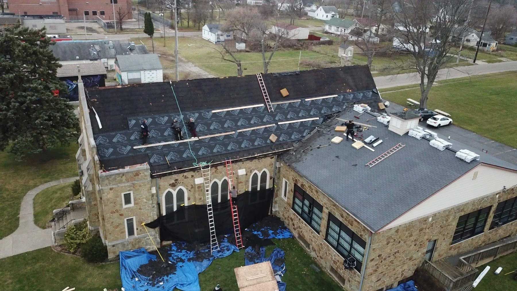 An aerial view of a building that is being remodeled.