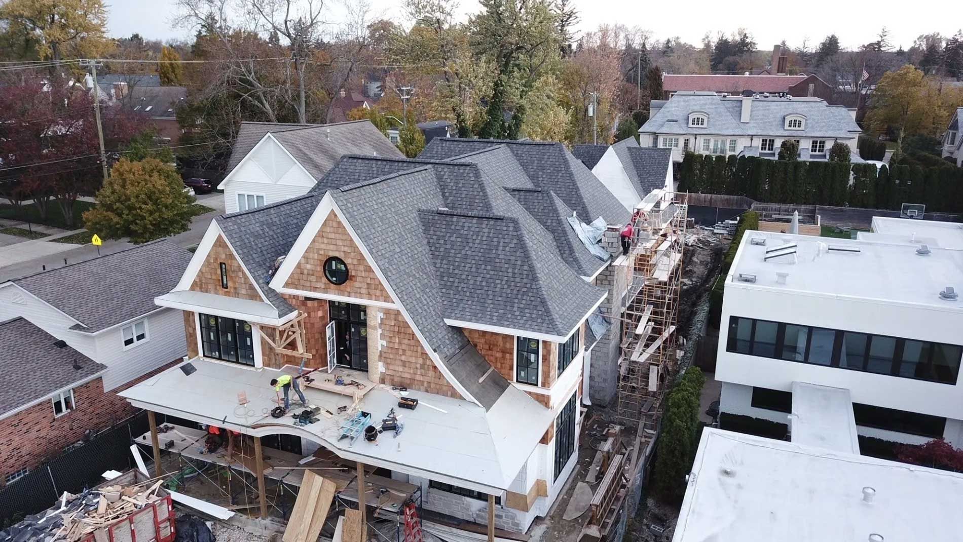 An aerial view of a row of houses under construction.