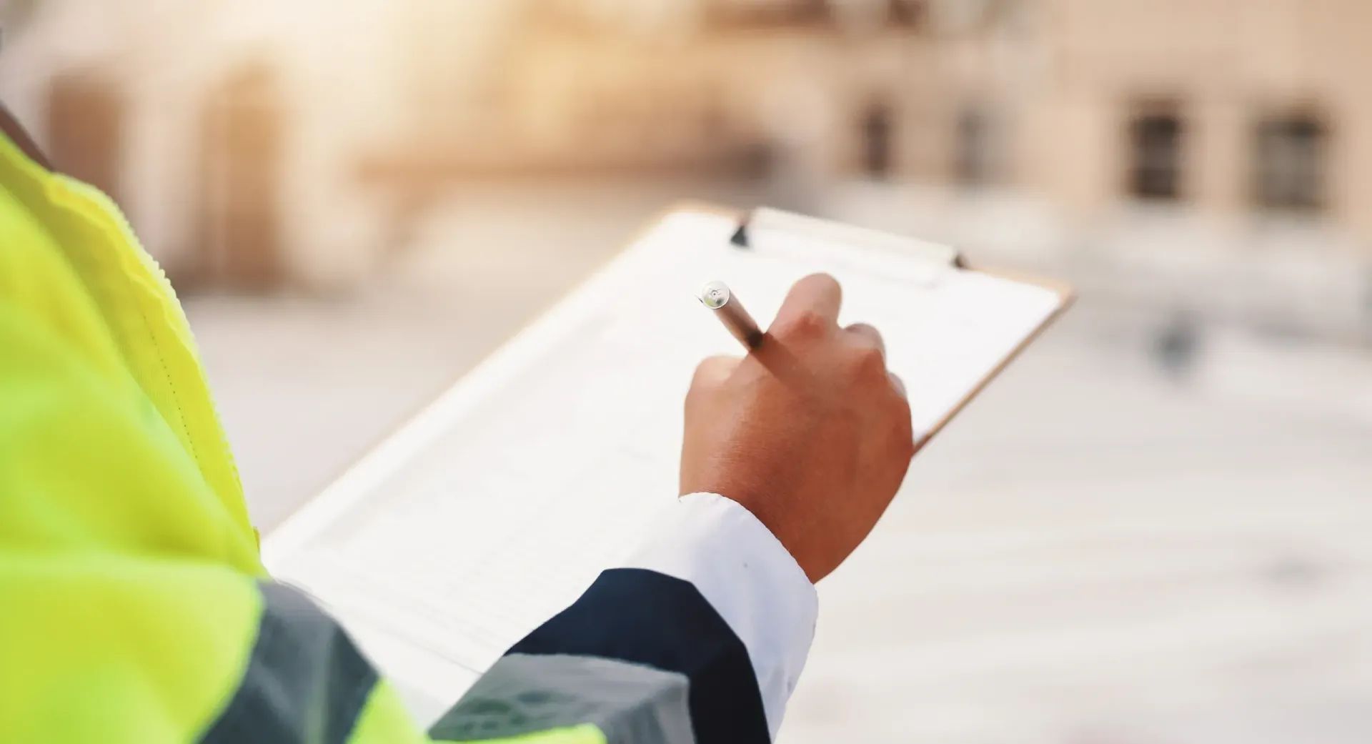 Chartered surveyor inspecting construction site and taking notes on clipboard