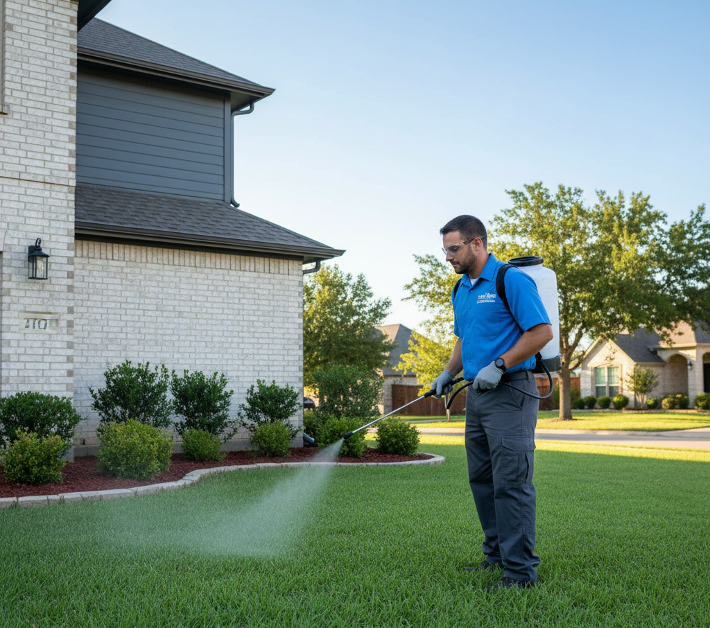 Pest management professional spraying treatment in southlake yard