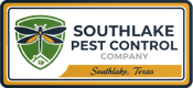 Southlake Pest Control Company logo with a dragonfly in a shield, gold and green, Southlake, Texas.