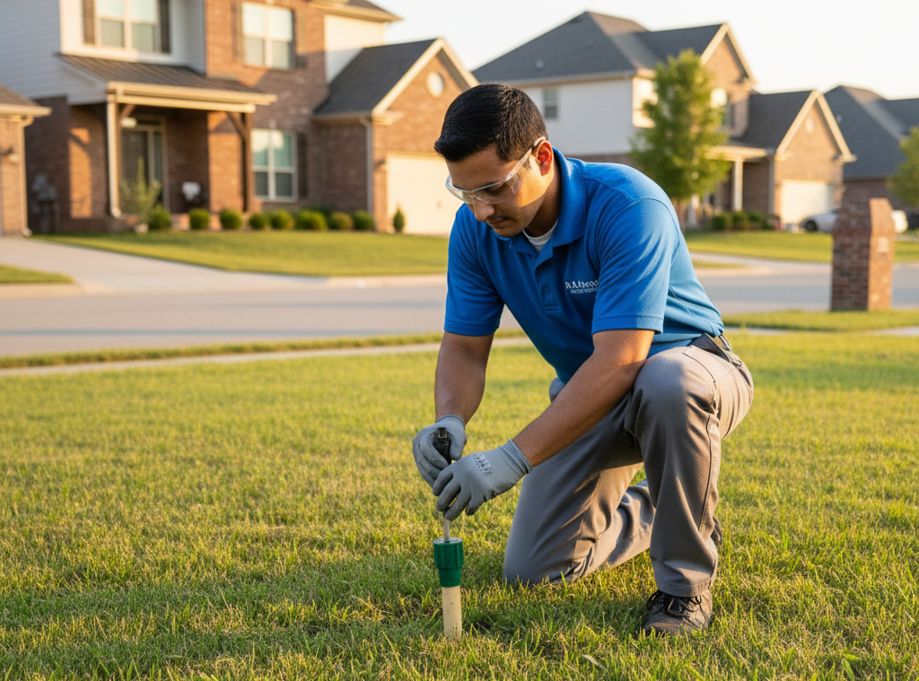 termite prevention professional installing a termite extermination bait station at a southlake home