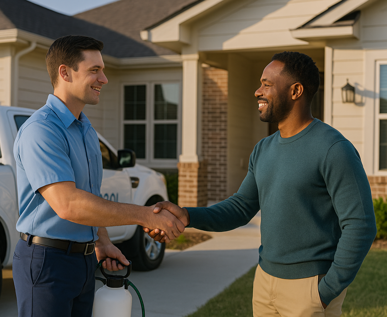 Southlake Pest Control technician greeting a homeowner in Southlake, TX