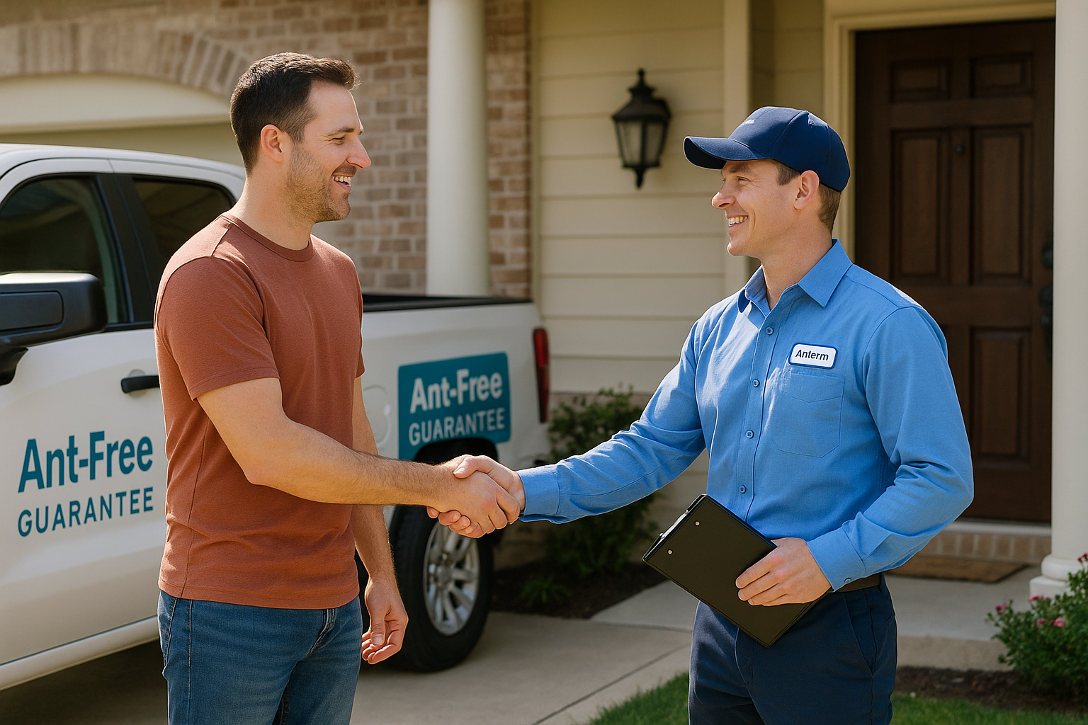 Southlake Pest Control service truck with happy family after ant treatment