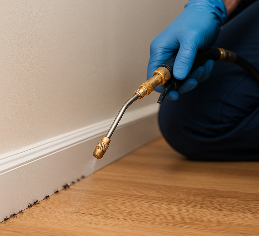 Professional ant treatment application at nest location inside Southlake home