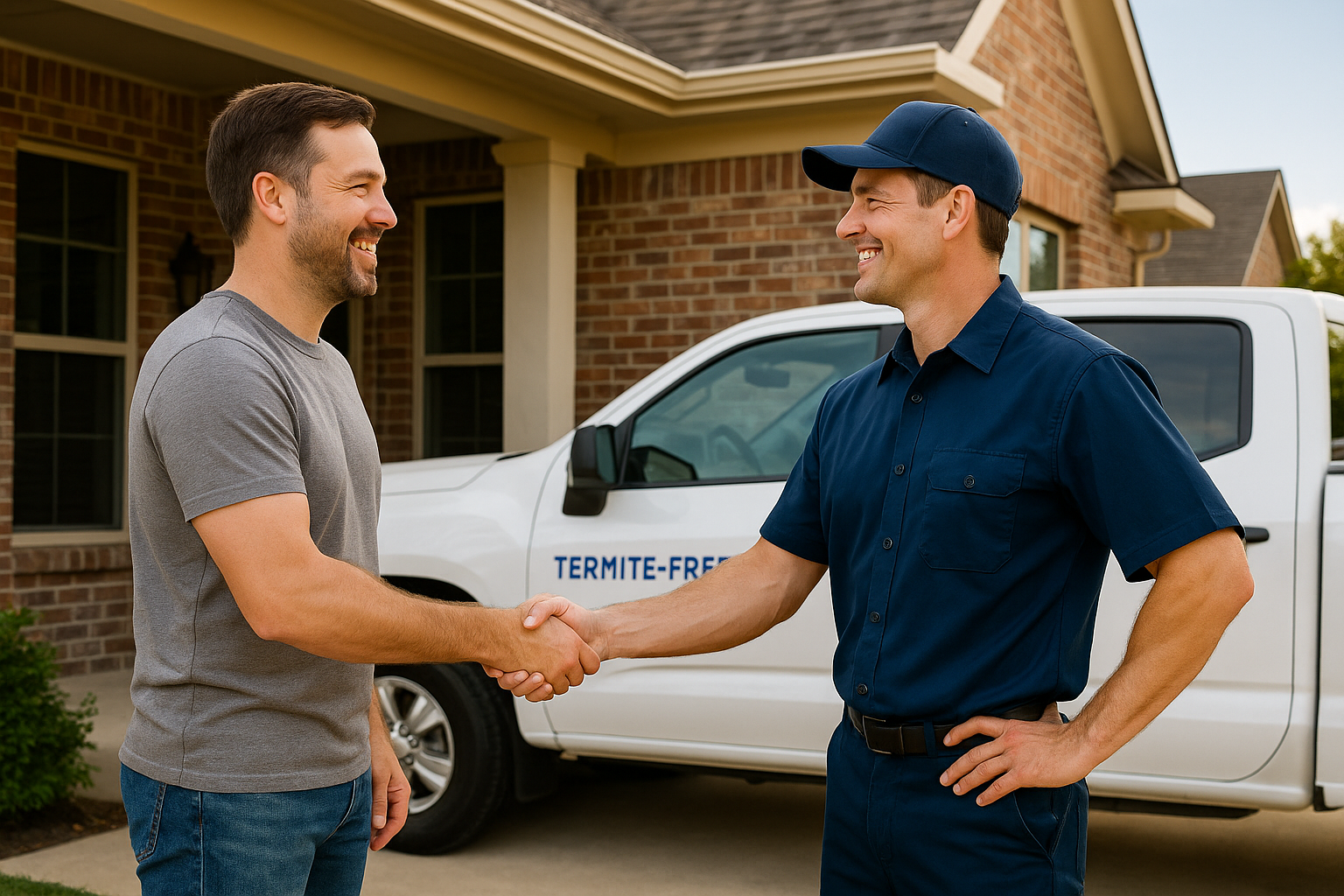 Satisfied Southlake homeowner with pest control technician after termite treatment