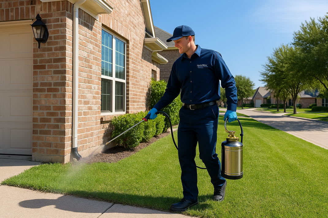 Professional pest control treatment on Southlake home exterior perimeter