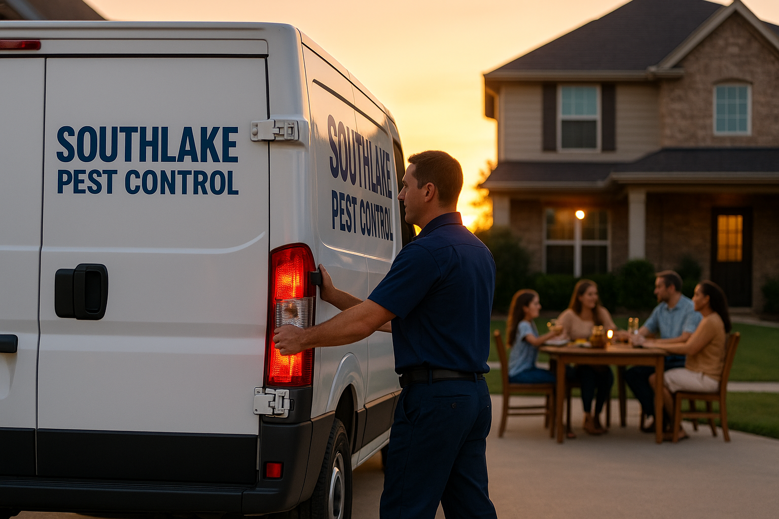 Southlake Pest Control service truck at sunset after mosquito treatment