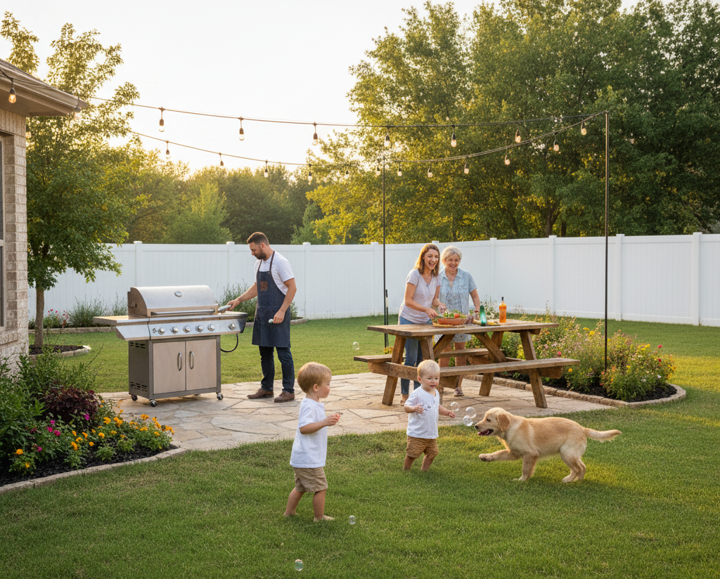 Happy family barbecue in mosquito-free Southlake backyard