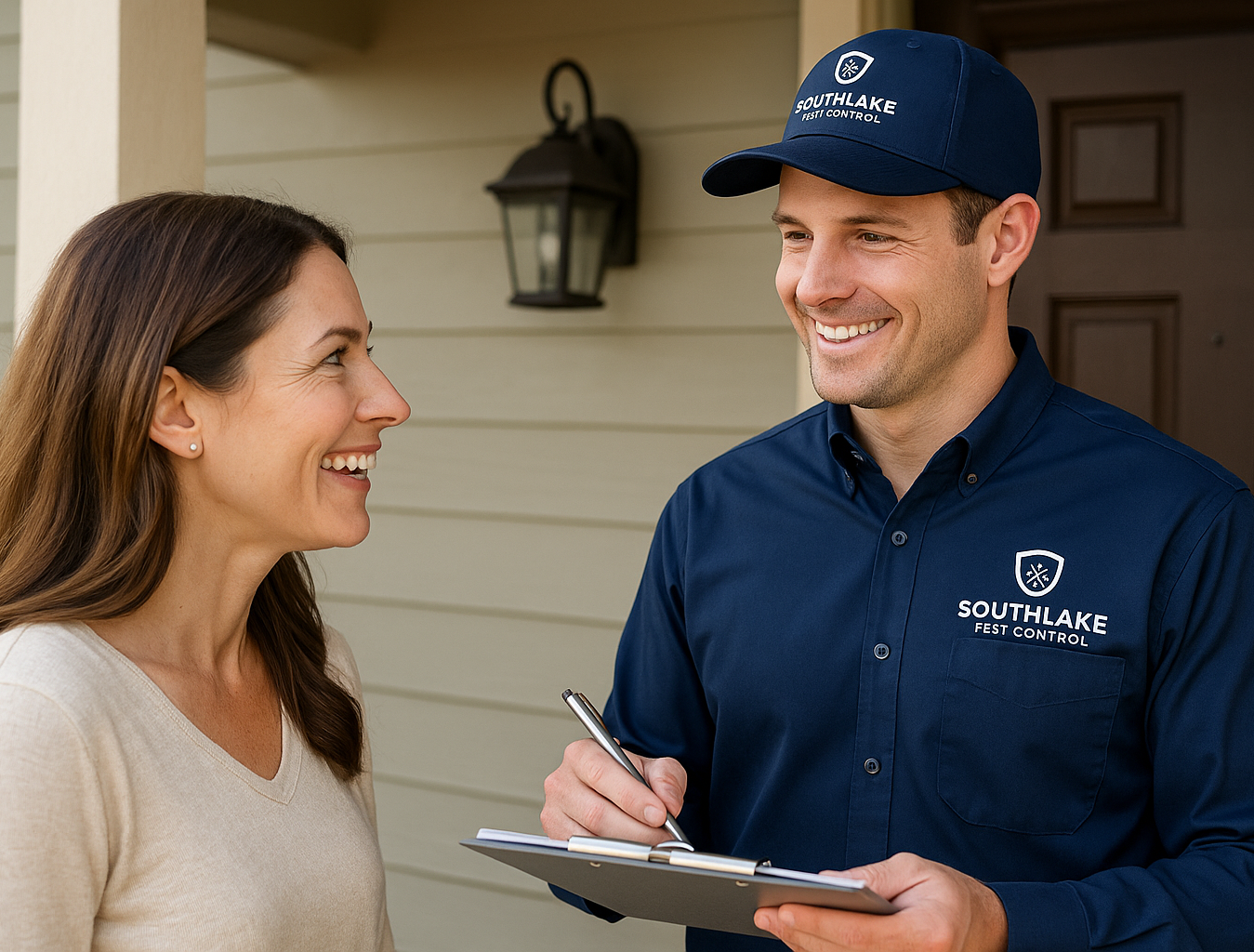 Southlake pest control technician consulting with homeowner