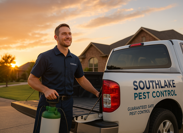 Southlake pest control truck and technician at sunset with satisfied home