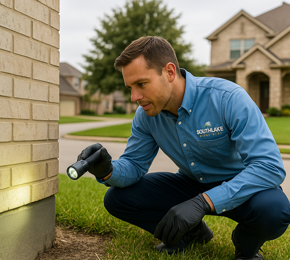 Southlake rodent control technician inspecting home foundation for entry points