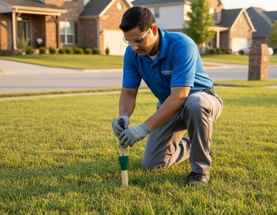 Pest Tech kneeling in yard, installing termite bait station