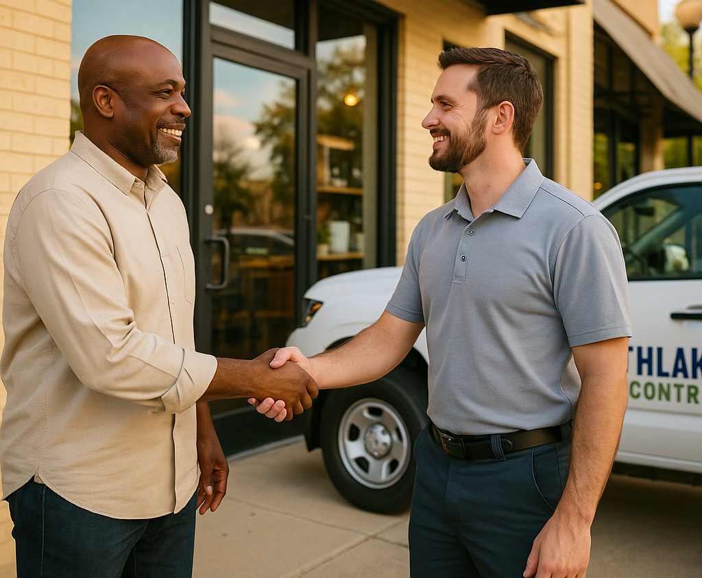 Southlake business owner thanking pest control technician after successful service
