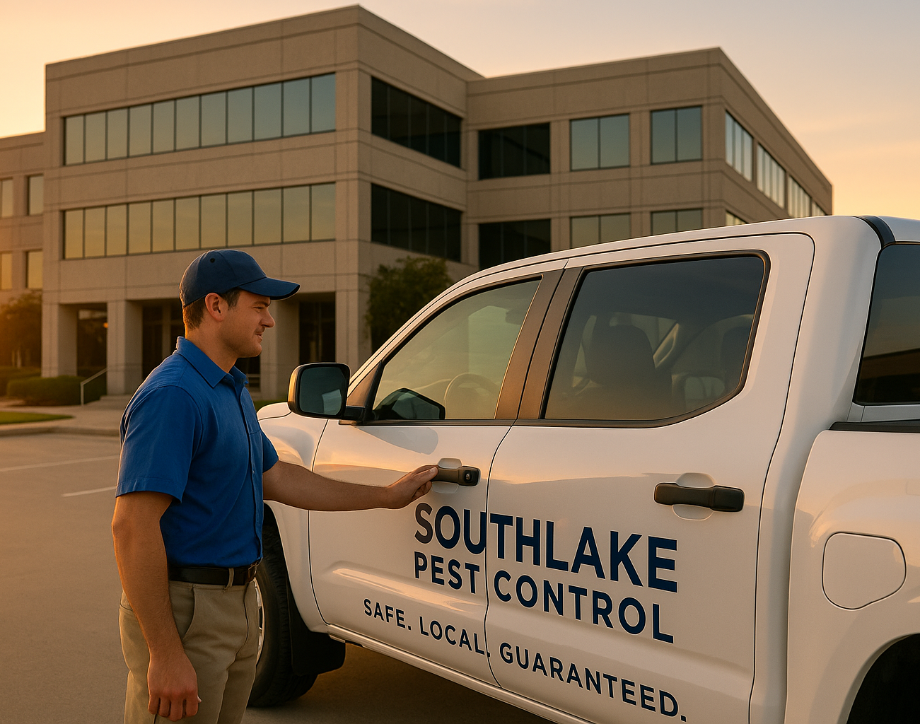 Southlake Pest Control commercial service truck outside office building