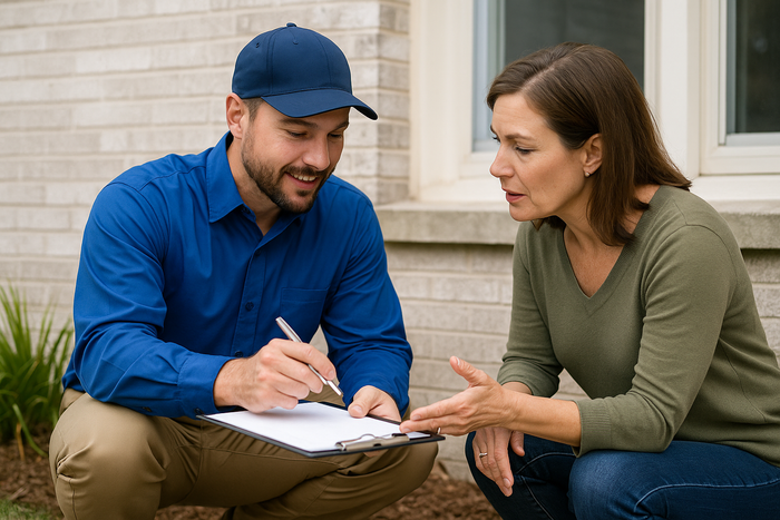 Pest control technician and homeowner discussing inspection findings with a clipboard