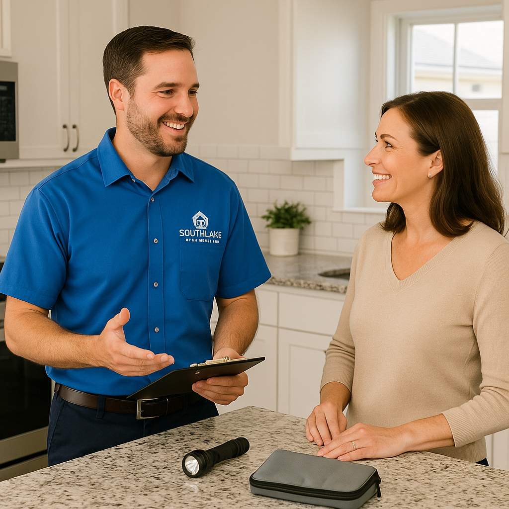 Southlake Pest Control technician explaining a home pest control plan in a Southlake kitchen