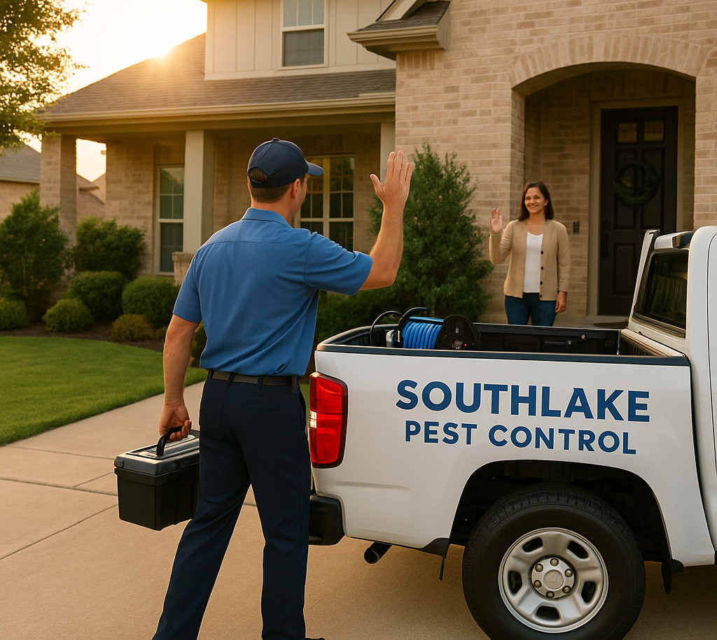 Southlake Pest Control truck and technician leaving a happy customer's home after service