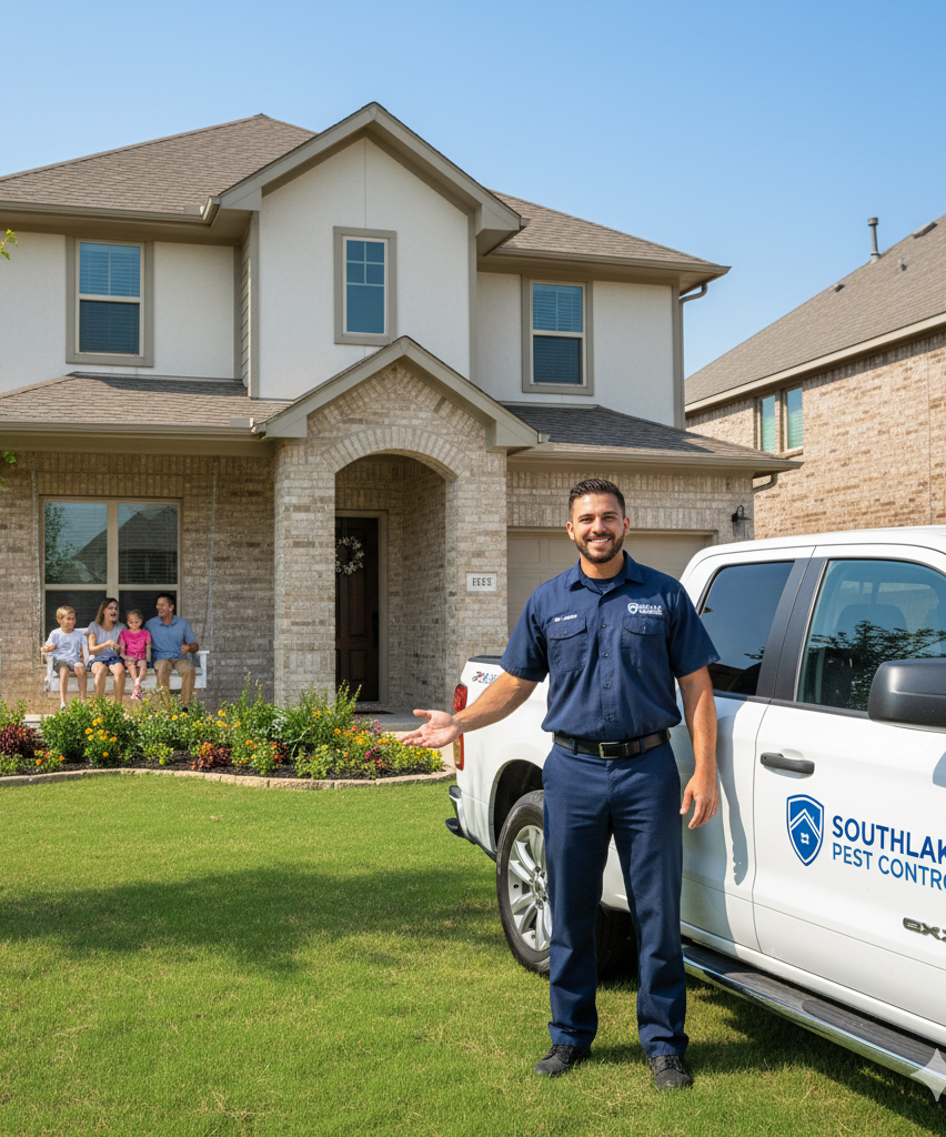 Southlake pest control technician at suburban Texas home with happy family