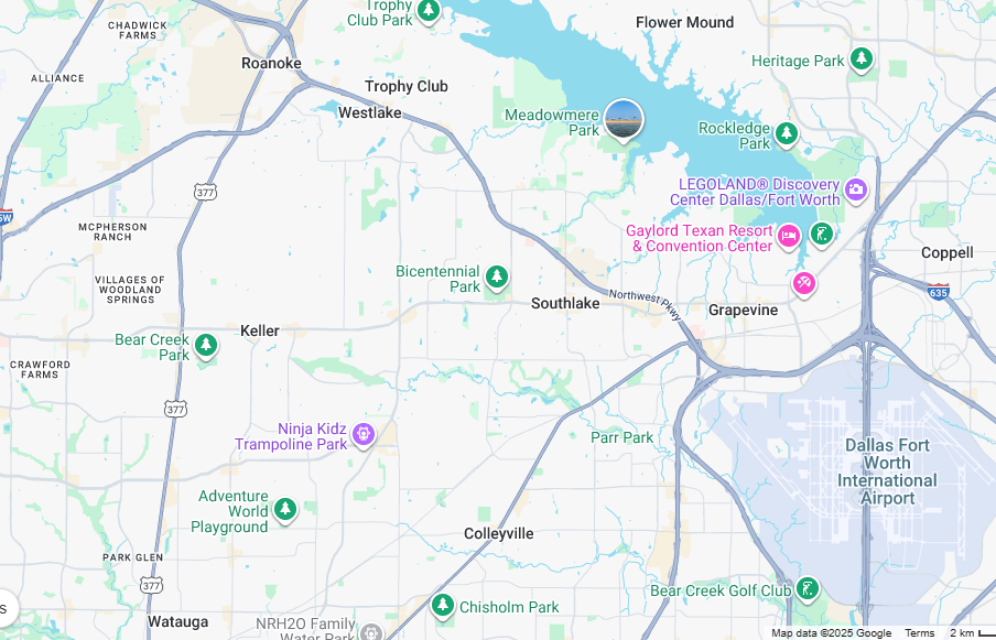 Southlake pest control service area map covering North Texas cities
