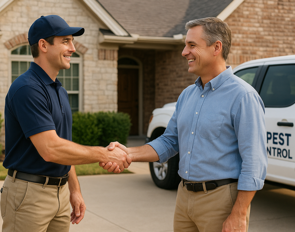 Southlake pest control technician and satisfied homeowner handshake