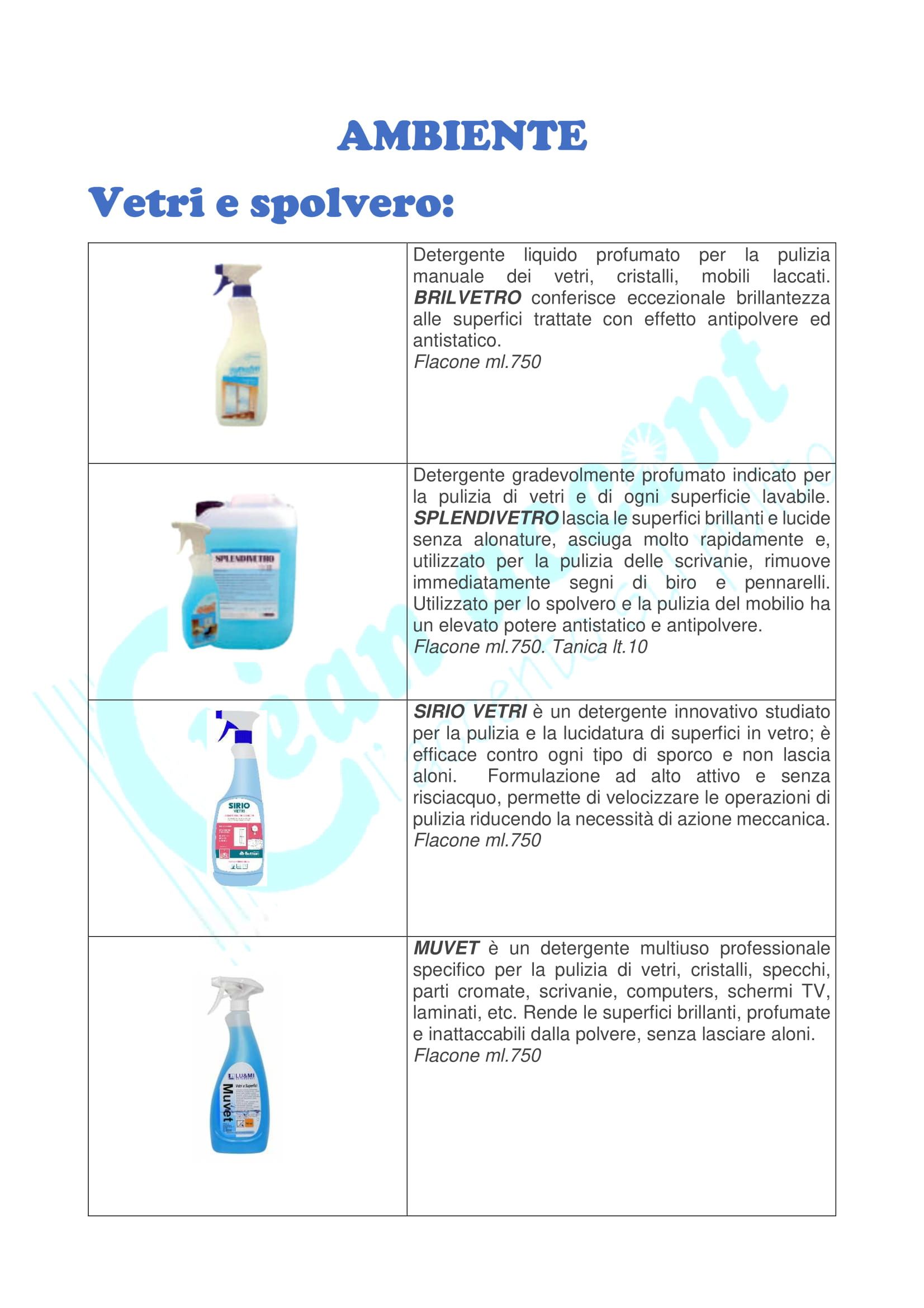 catalogo di detergenti per vetri e spolvero