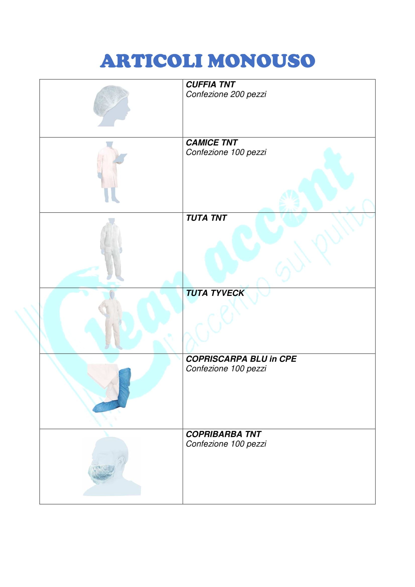 scheda degli articoli sanitari monouso