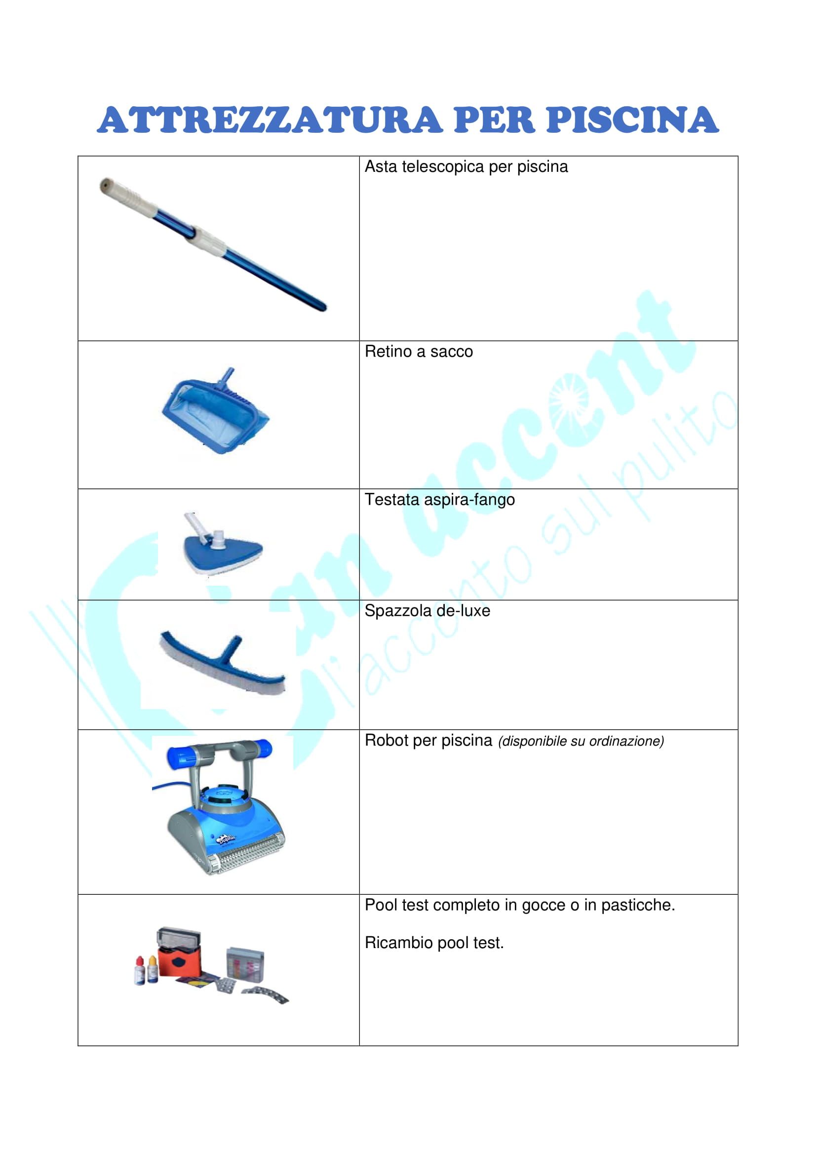catalogo delle attrezzature per la piscina