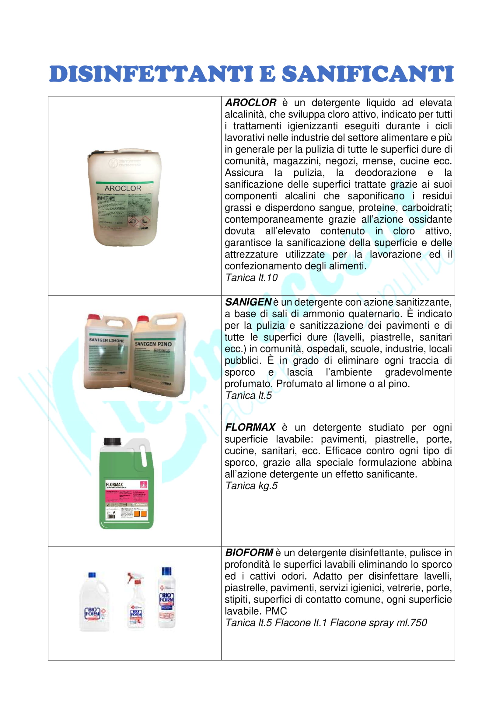 catalogo dei prodotti disinfettanti e sanificanti