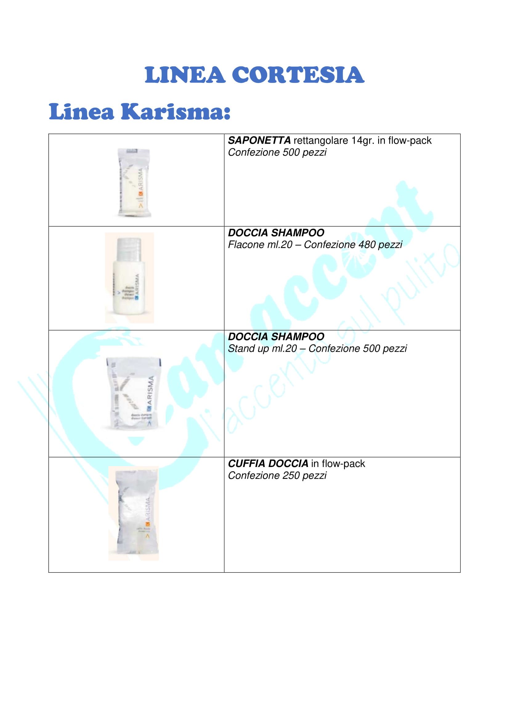 prodotti della linea cortesia Karisma per alberghi
