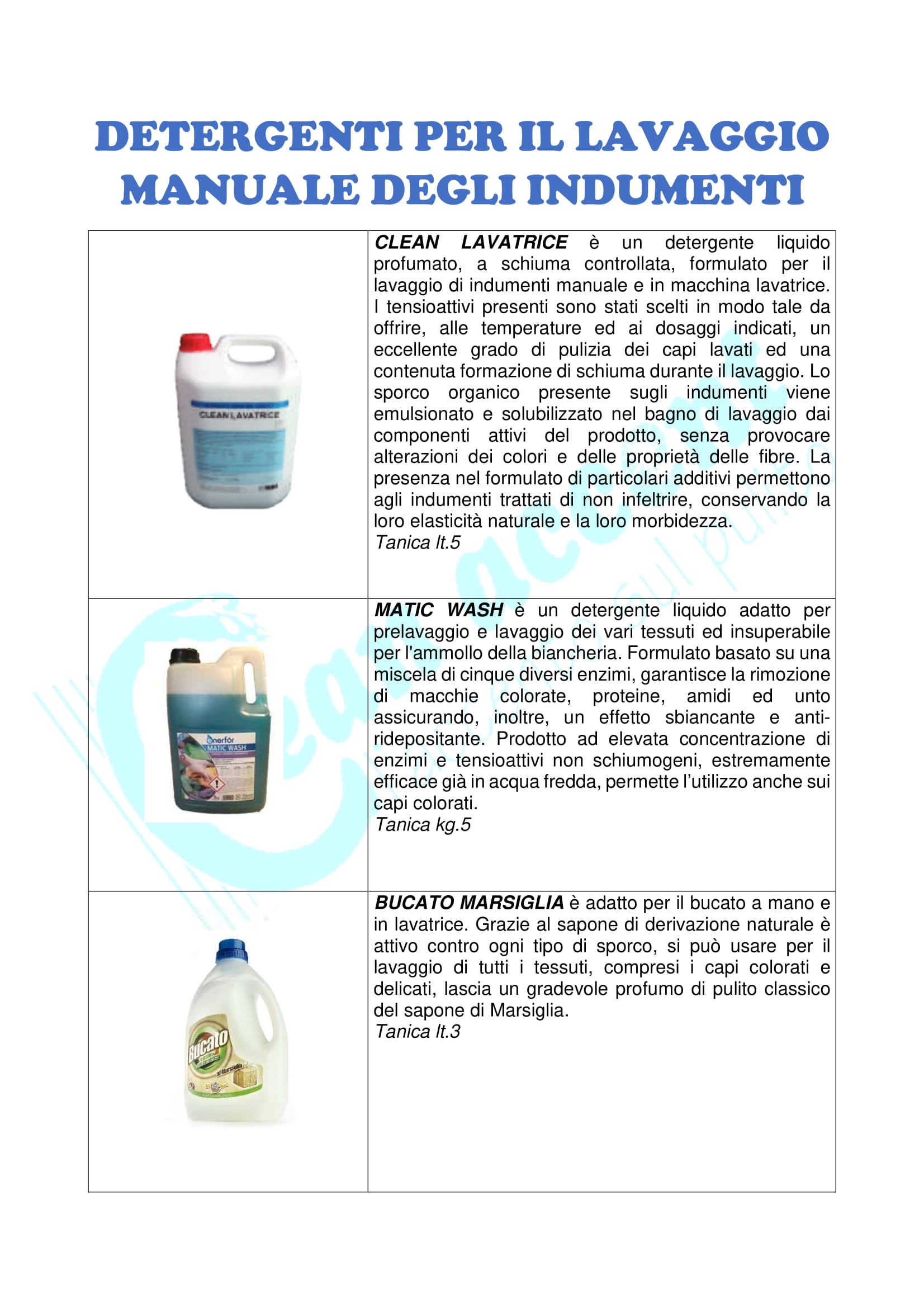 catalogo dei detergenti per il lavaggio manuale degli indumenti