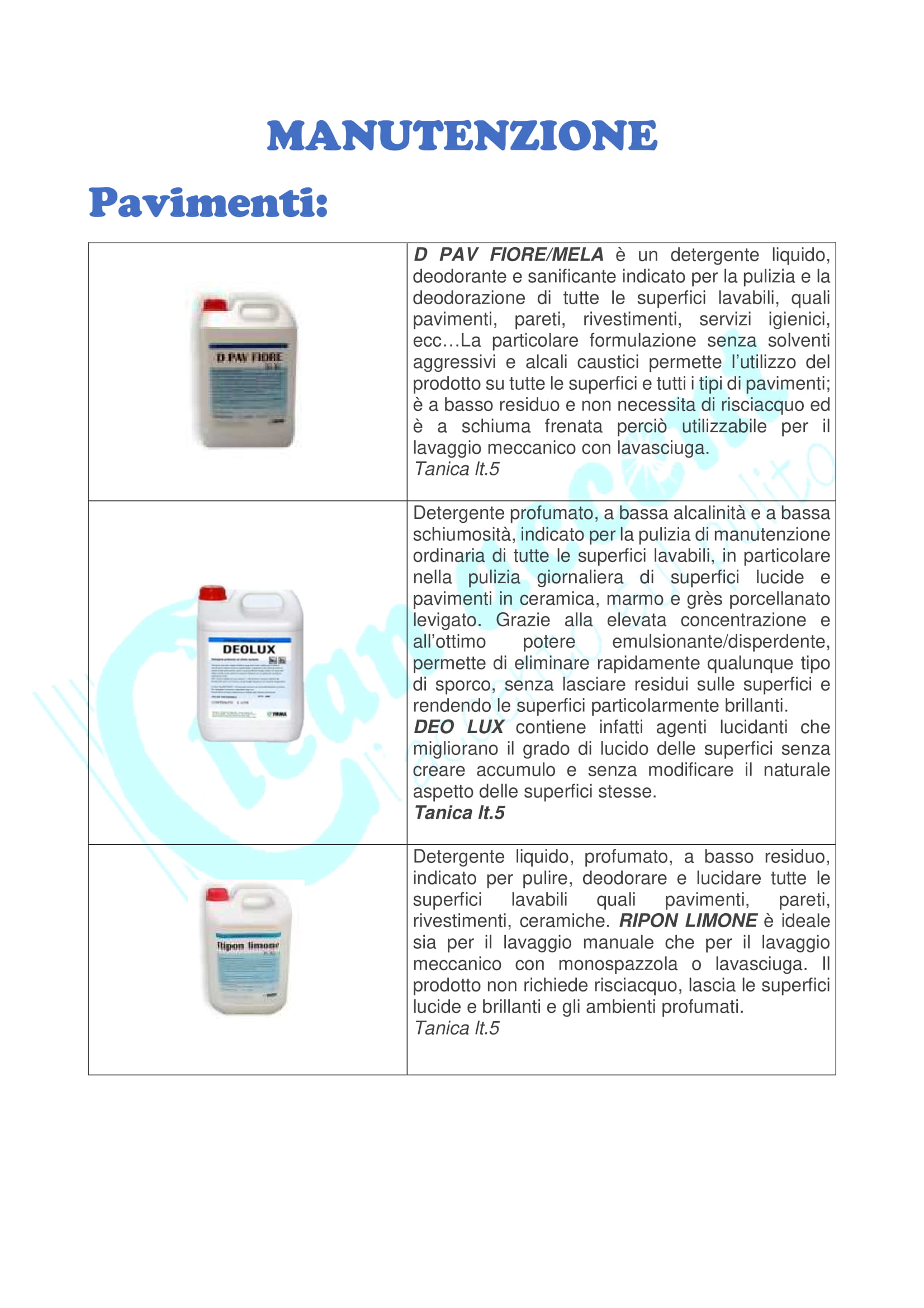 scheda dei prodotti per la manutenzione dei pavimenti