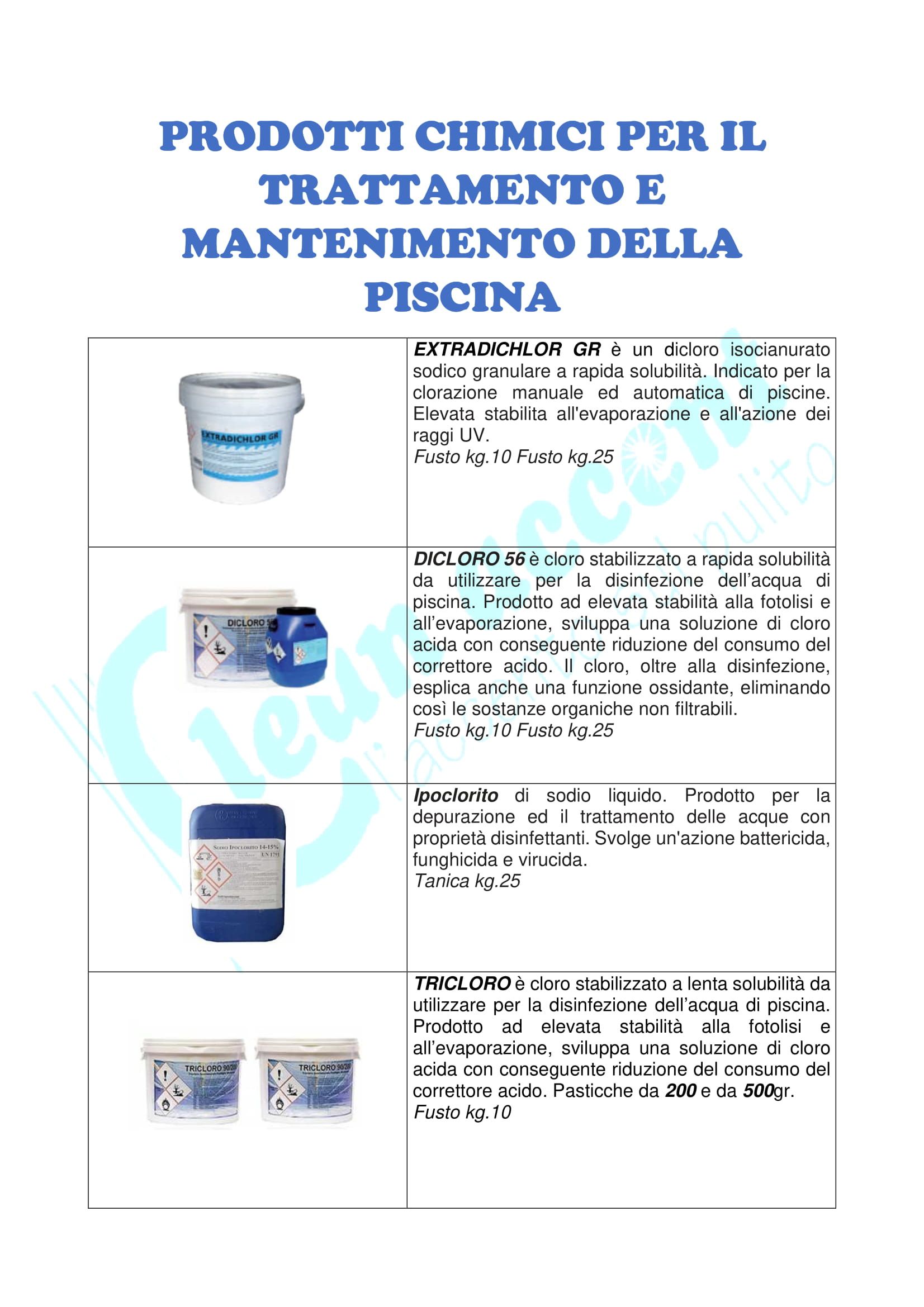 catalogo dei prodotti chimici per il trattamento e la manutenzione della piscina