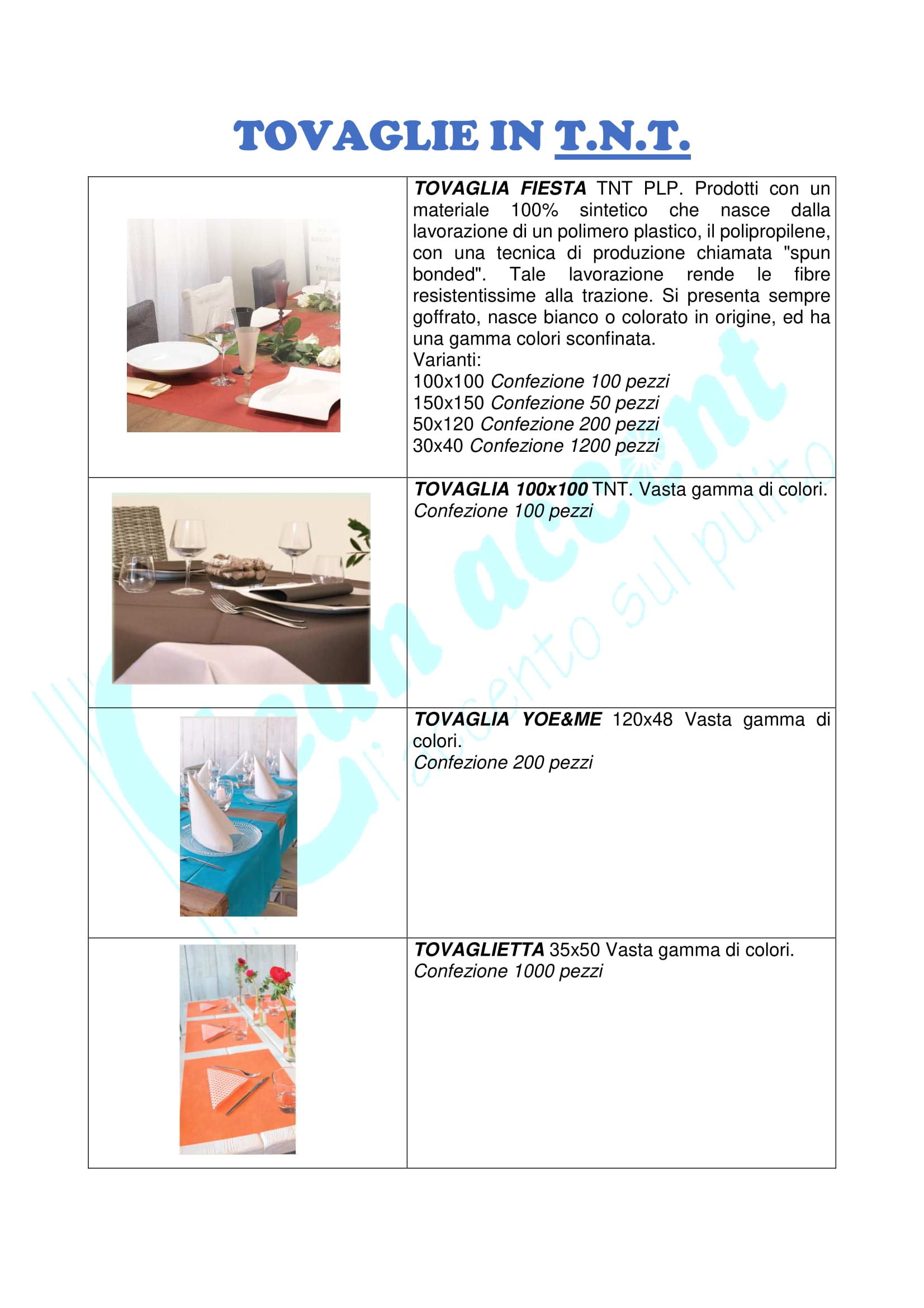 catalogo delle tovaglie in T.N.T.