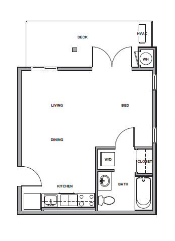 Floor plan of a studio apartment with kitchen, bathroom, living, dining, and deck areas.
