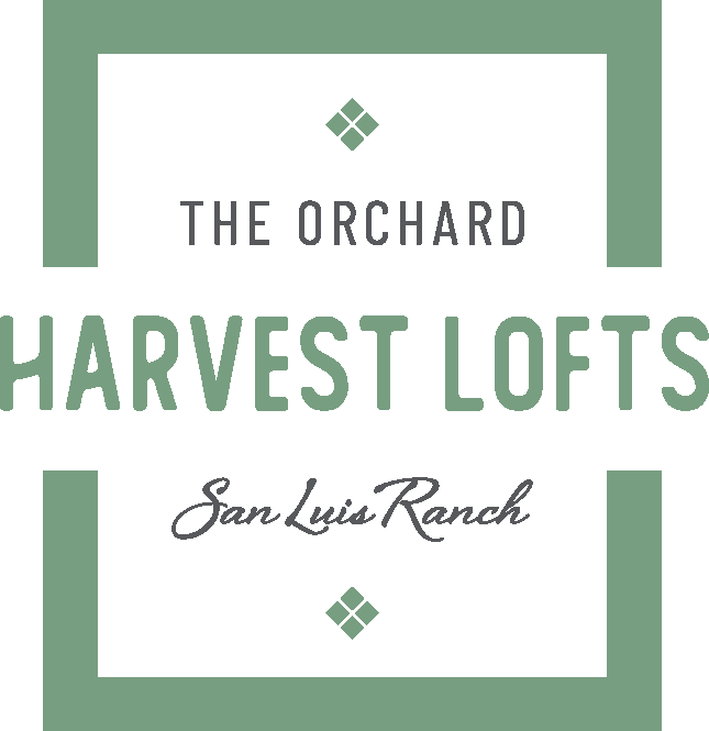 Logo: The Orchard Harvest Lofts, San Luis Ranch, with green square frame and text.