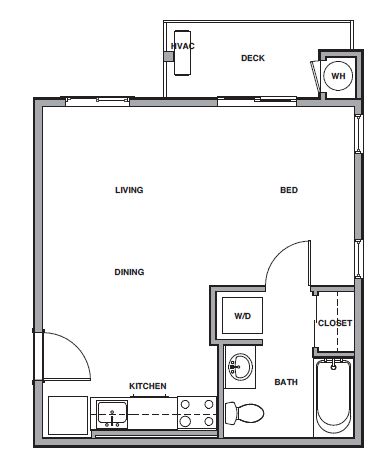 Floor plan of a studio apartment. Features include kitchen, living/dining, bed, bath, closet, deck, and laundry area.