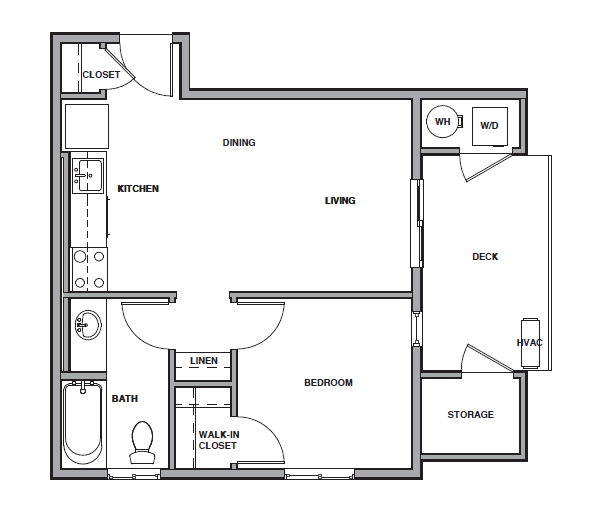 Floor plan of a one-bedroom apartment: kitchen, dining, living area, bedroom, bathroom, deck, and storage.