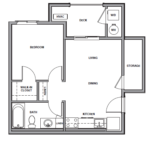 Floor plan of a one-bedroom apartment with a kitchen, living/dining area, bedroom, and storage.
