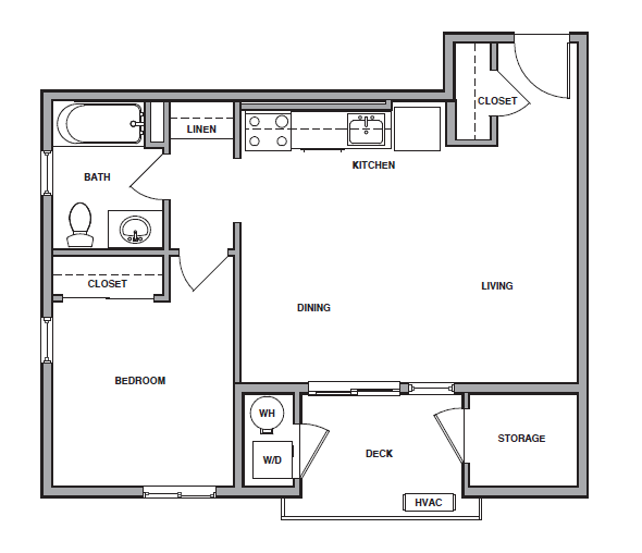 Floor plan of a one-bedroom apartment with living, dining, kitchen, bath, deck, and storage areas.