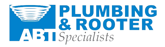 The logo for plumbing and rooter specialists is blue and white.