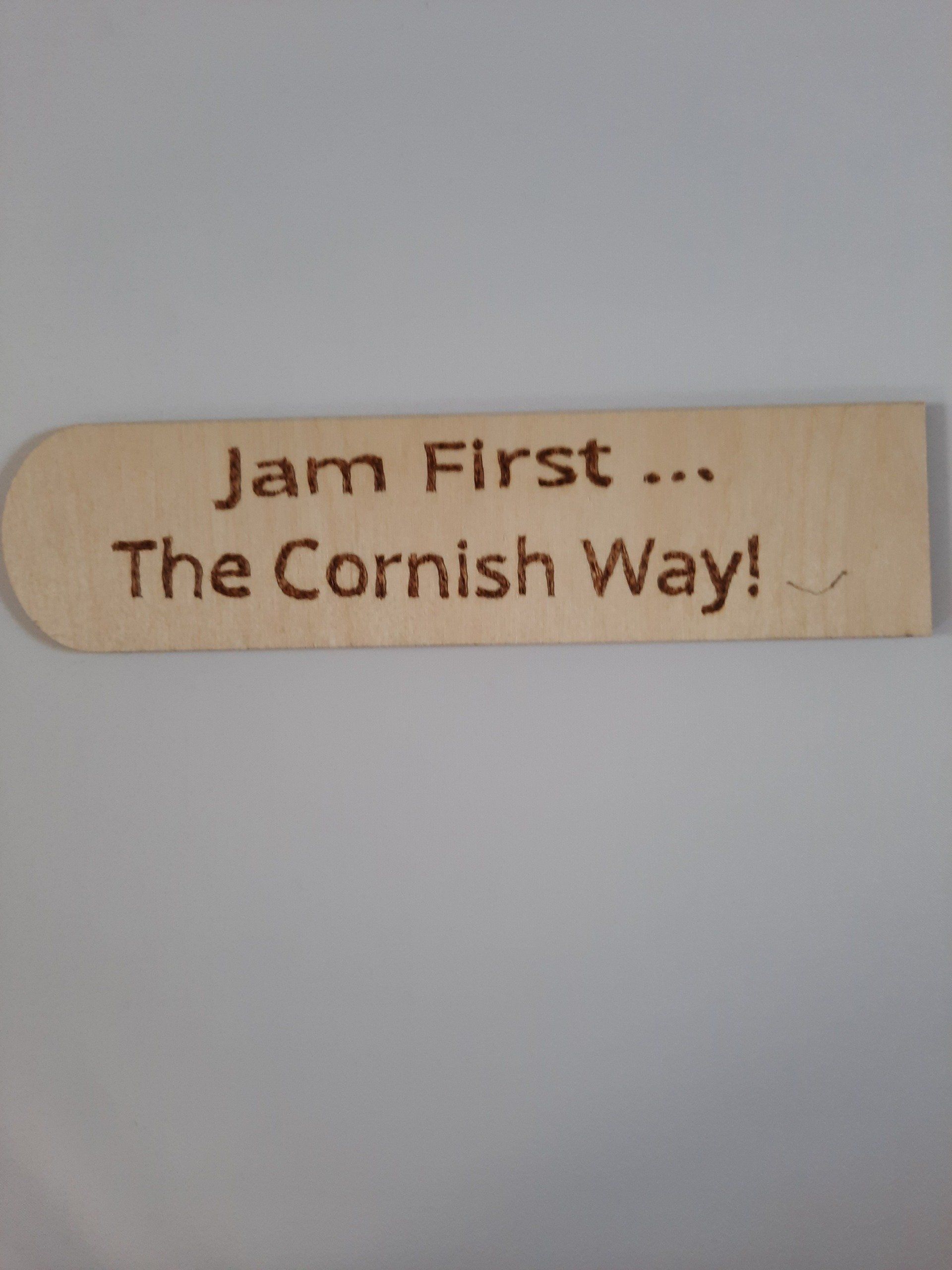 Jam First, Cornish saying, pyrography bookmark