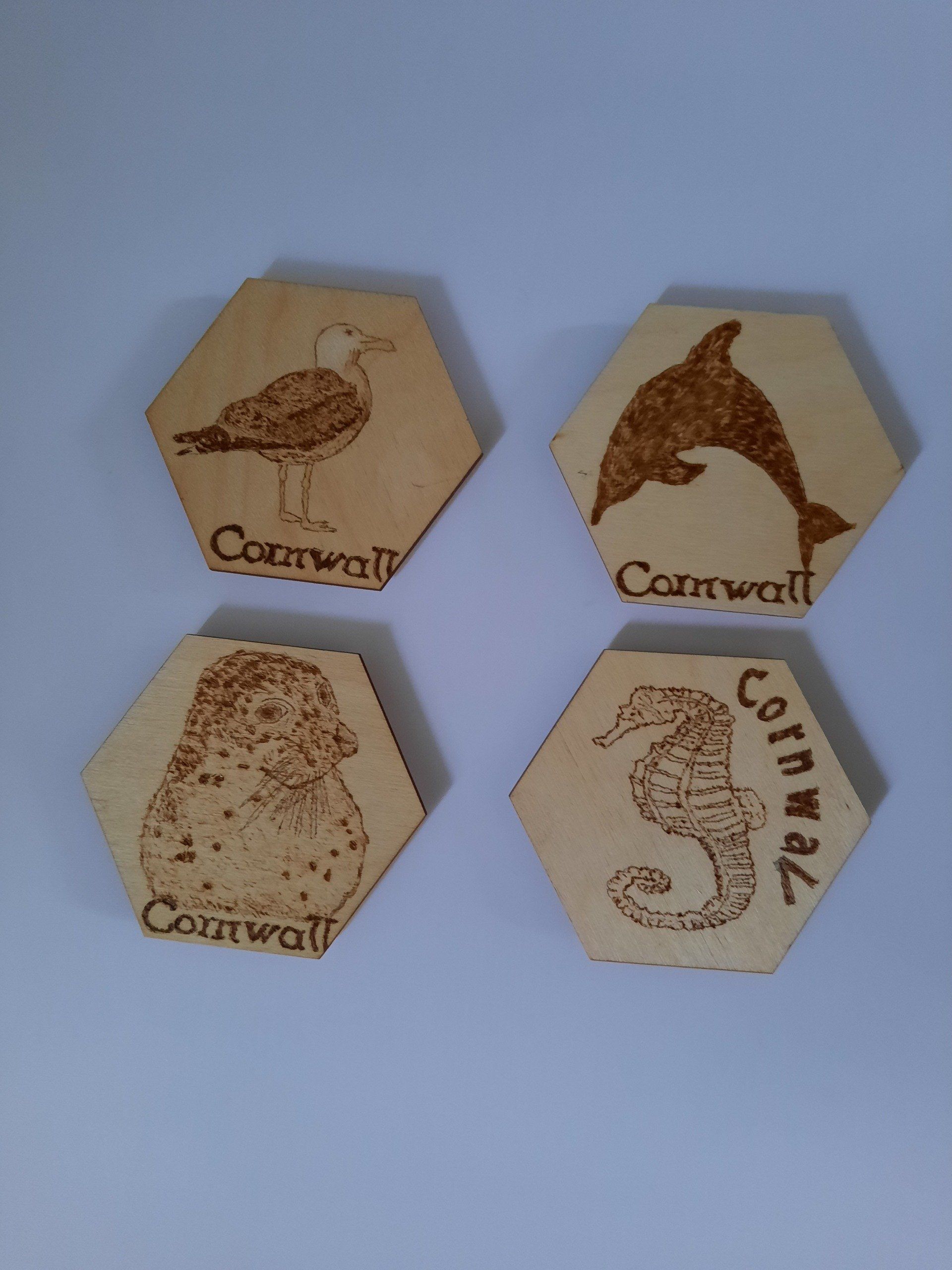Pyrography Magnets - Cornish sea life - dolphin, seal, gull, seahorse