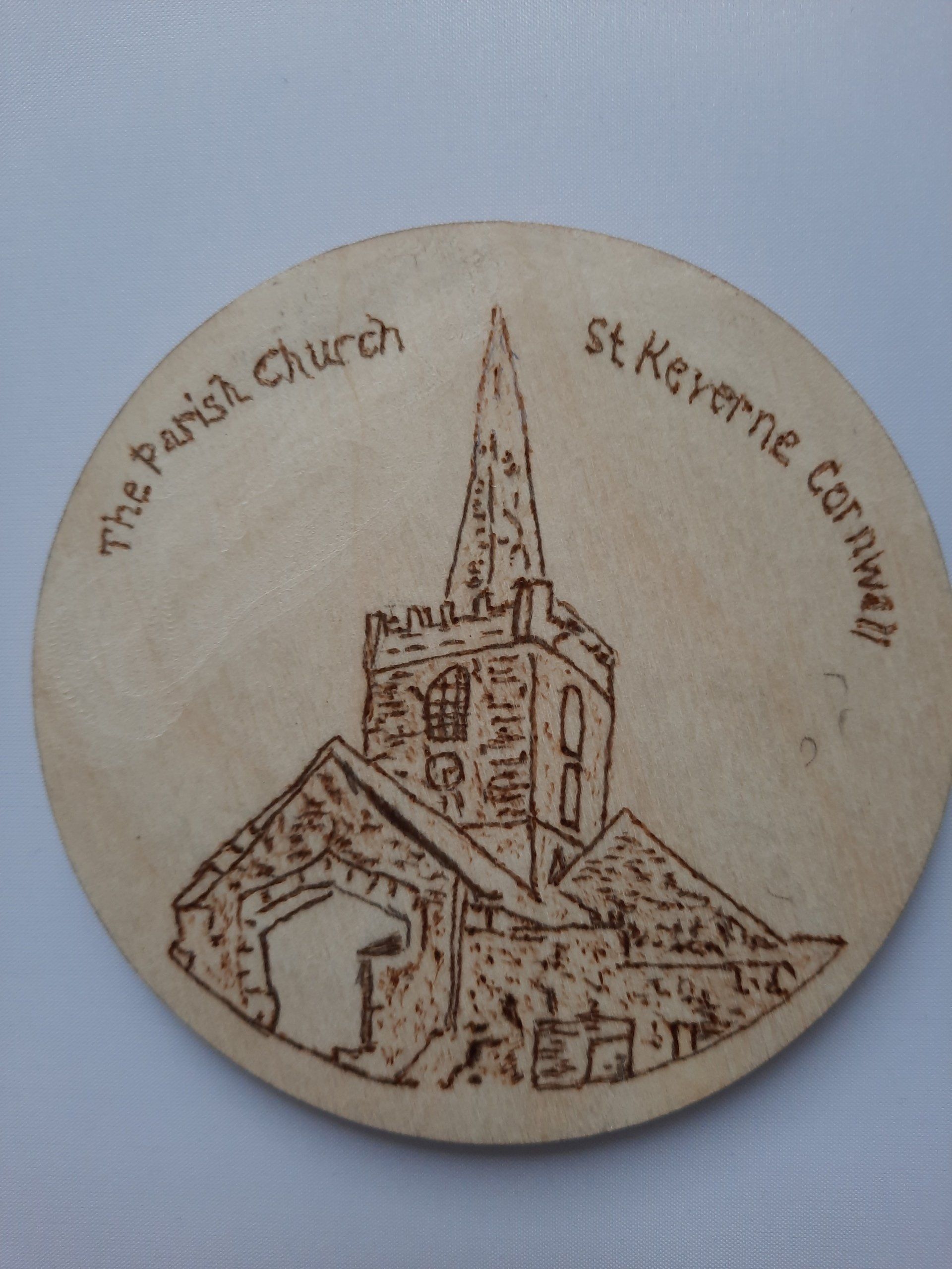 Church in St Keverne, Cornwall.   Pyrography coaster as a gift or for home