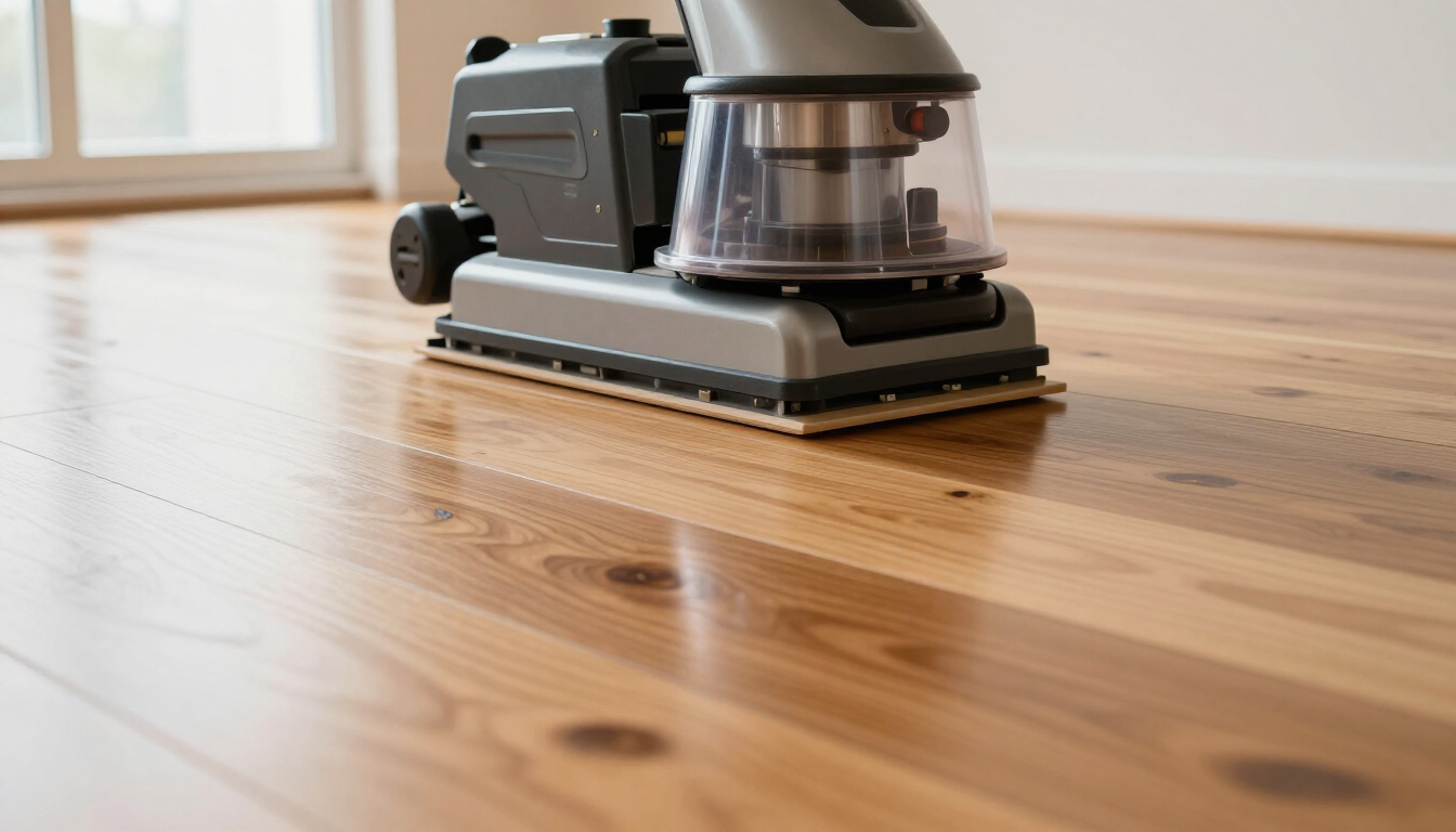 Una lijadora de suelos reposa sobre un suelo de madera marrón claro, recién acabado y brillante