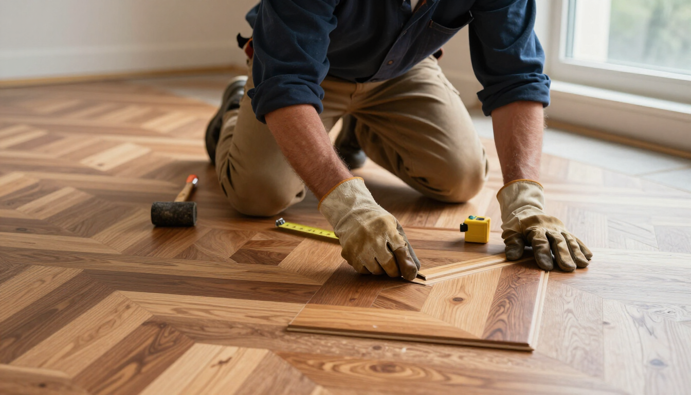 Una persona arrodillada sobre un piso de madera en espiga, usando una cinta métrica y un lápiz 