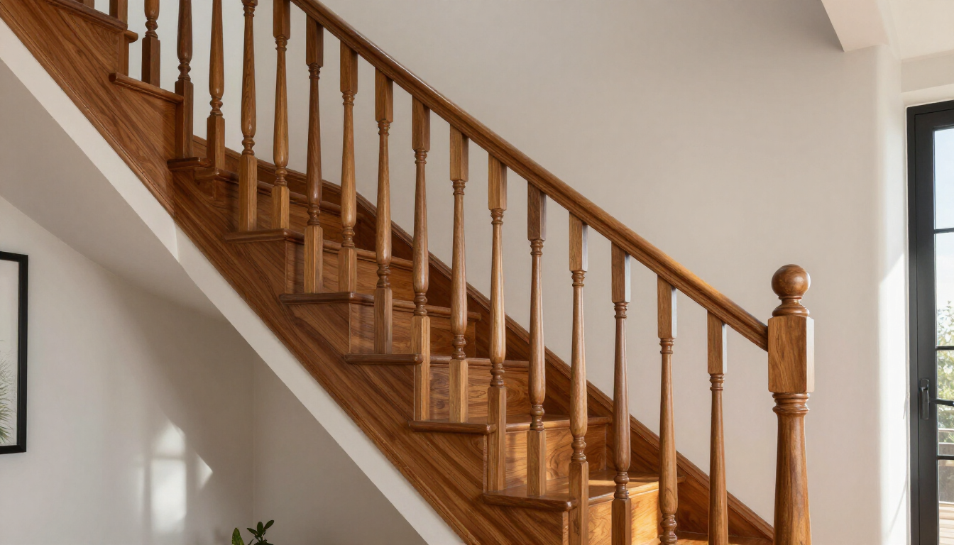 Una escalera de madera con barandilla que presenta balaustres tallados, vista desde abajo hacia arriba